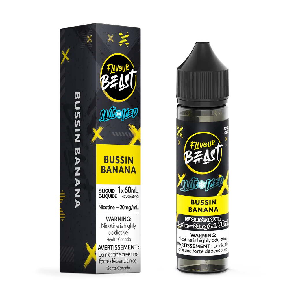 Flavour Beast Salt Bussin' Banana Iced e-liquid bottle and matching black and yellow box.