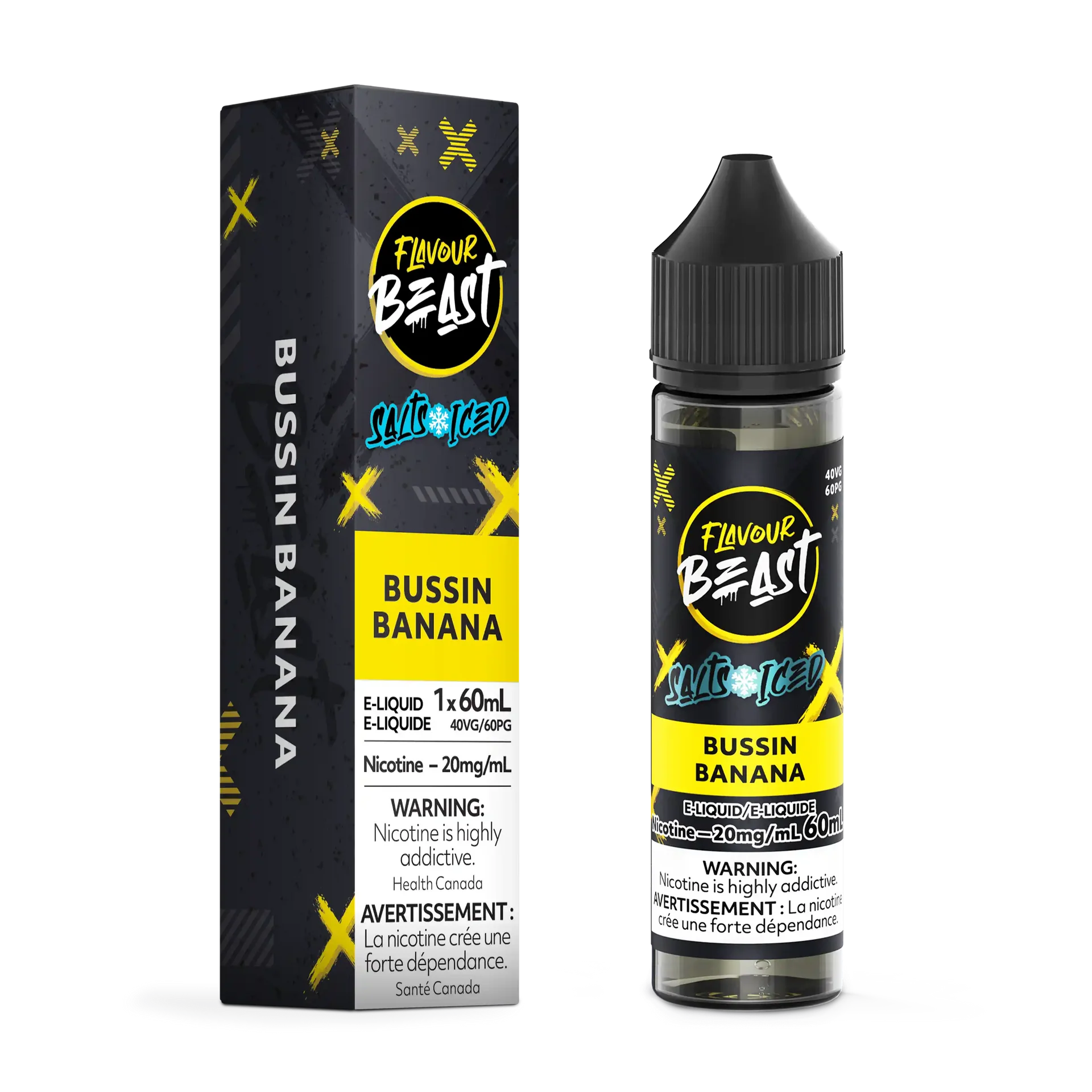 Flavour Beast Salt Bussin' Banana Iced e-liquid bottle and matching black and yellow box.