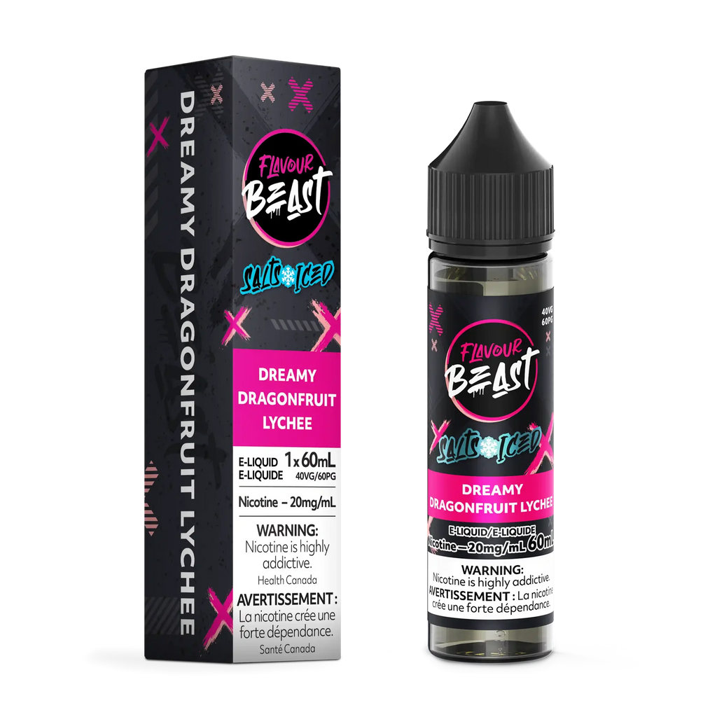 Flavour Beast Salt Dreamy Dragonfruit Lychee Iced 60mL e-liquid bottle and matching black/pink box.