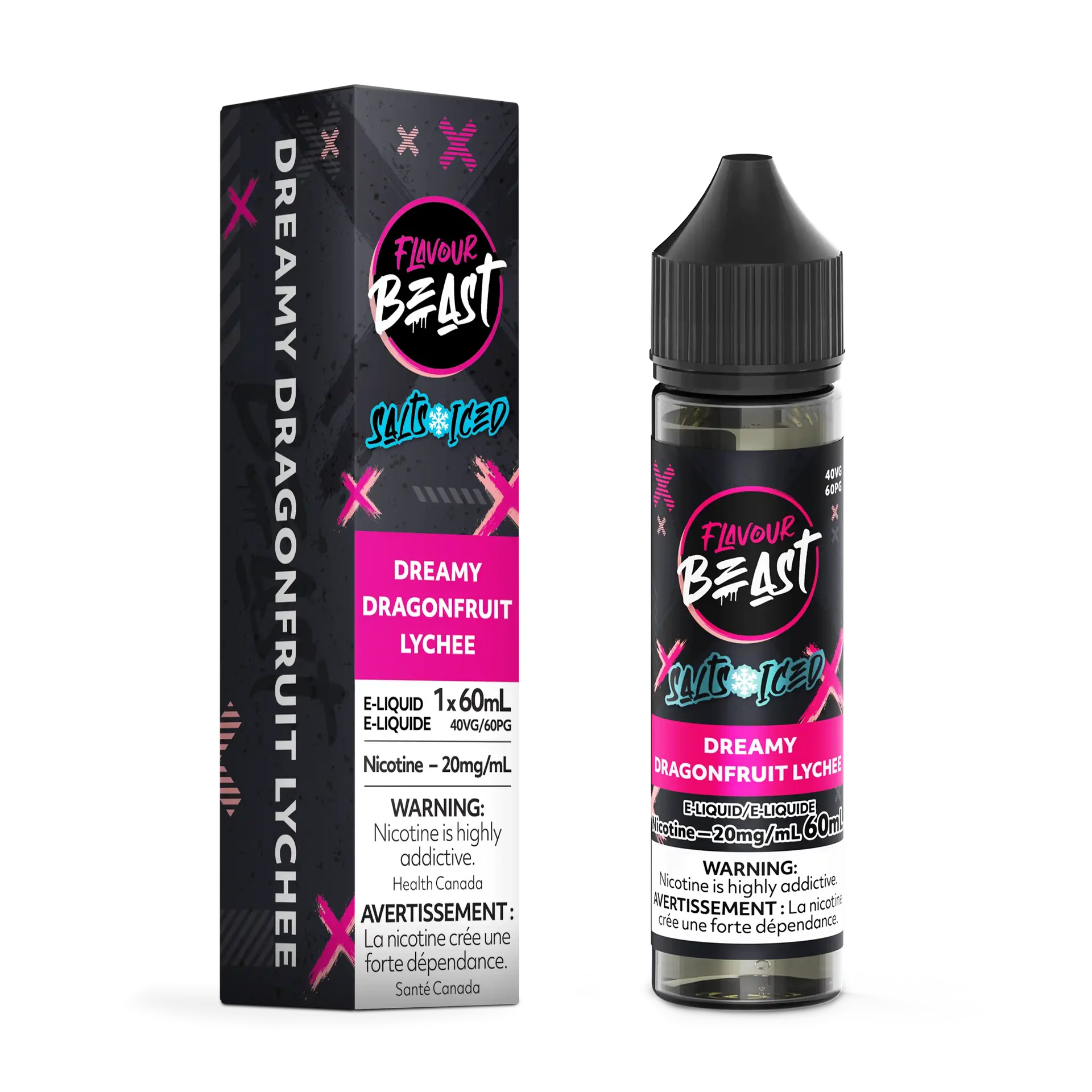 Flavour Beast Salt Dreamy Dragonfruit Lychee Iced 60mL e-liquid bottle and matching black/pink box.