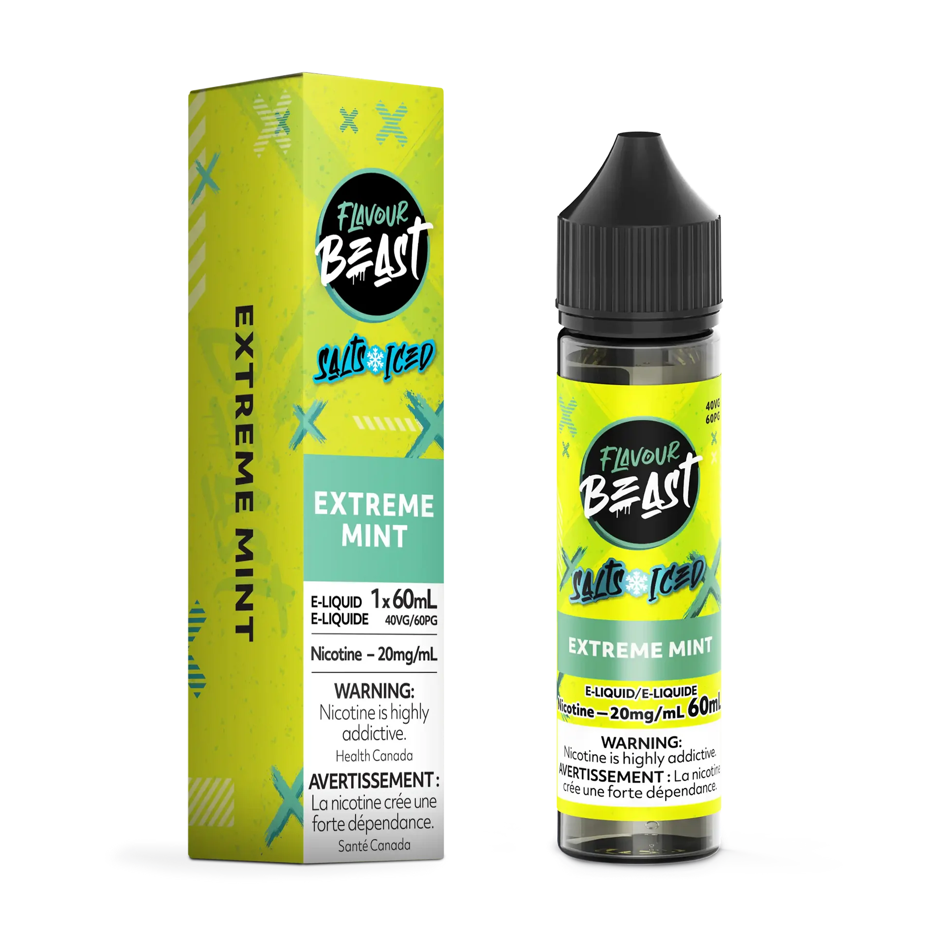 Flavour Beast Salt Extreme Mint Iced e-liquid bottle and matching green box with black cap, 60mL, 20mg/mL.