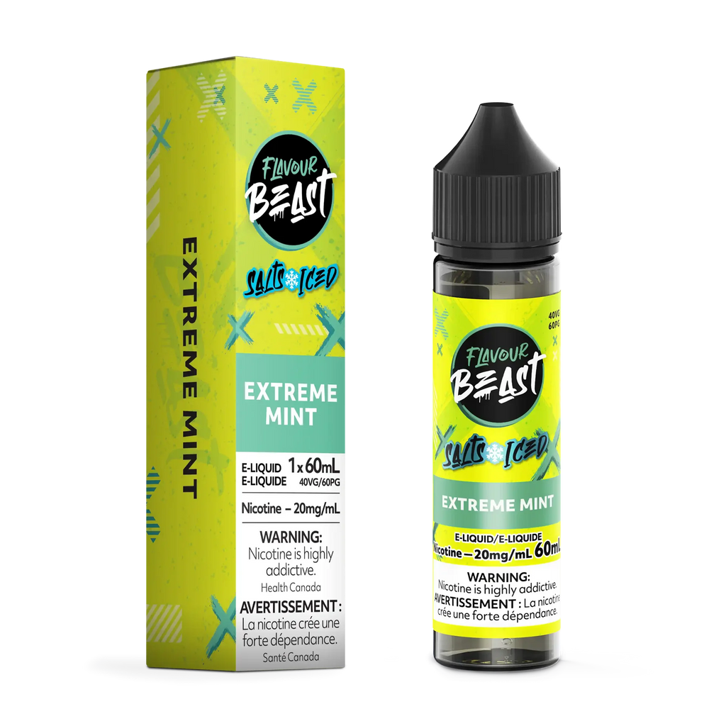 Flavour Beast Salt Extreme Mint Iced e-liquid bottle and matching green box with black cap, 60mL, 20mg/mL.