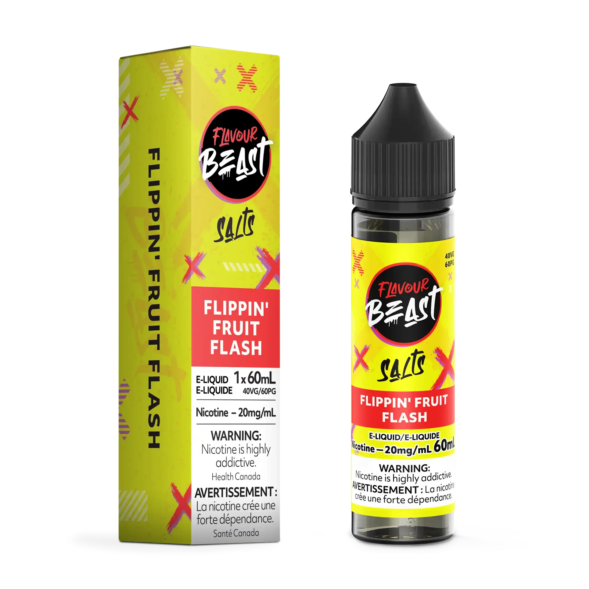 Flavour Beast Salt Flippin Fruit Flash e-liquid bottle and matching yellow box with pink accents.