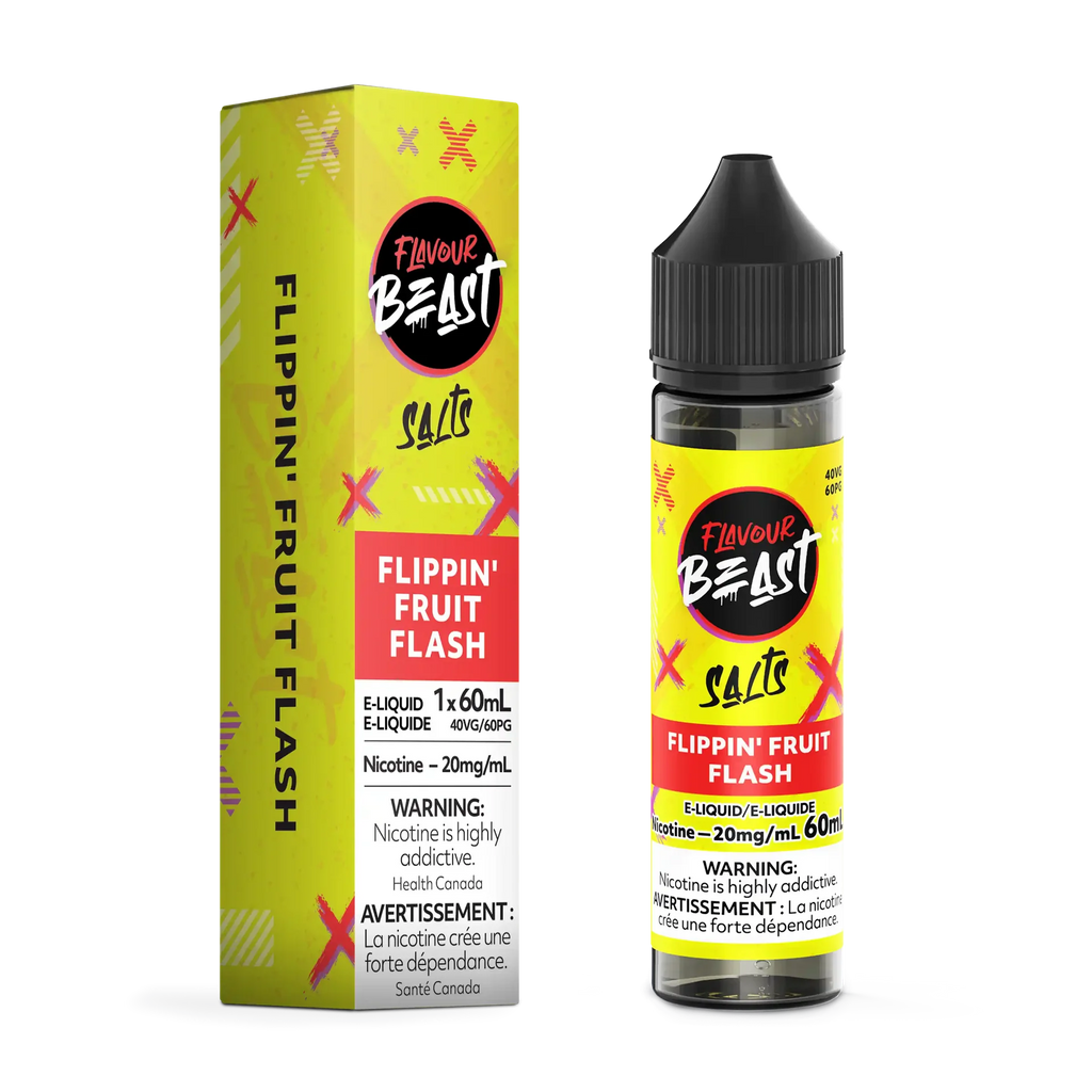 Flavour Beast Salt Flippin Fruit Flash e-liquid bottle and matching yellow box with pink accents.