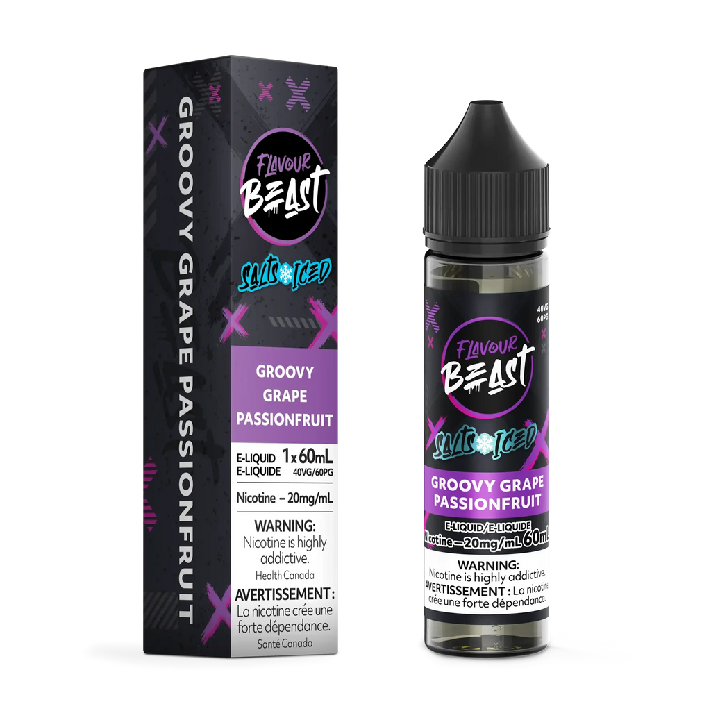 Flavour Beast Salt Groovy Grape Passionfruit Iced 60mL e-liquid bottle and matching purple-accented box.
