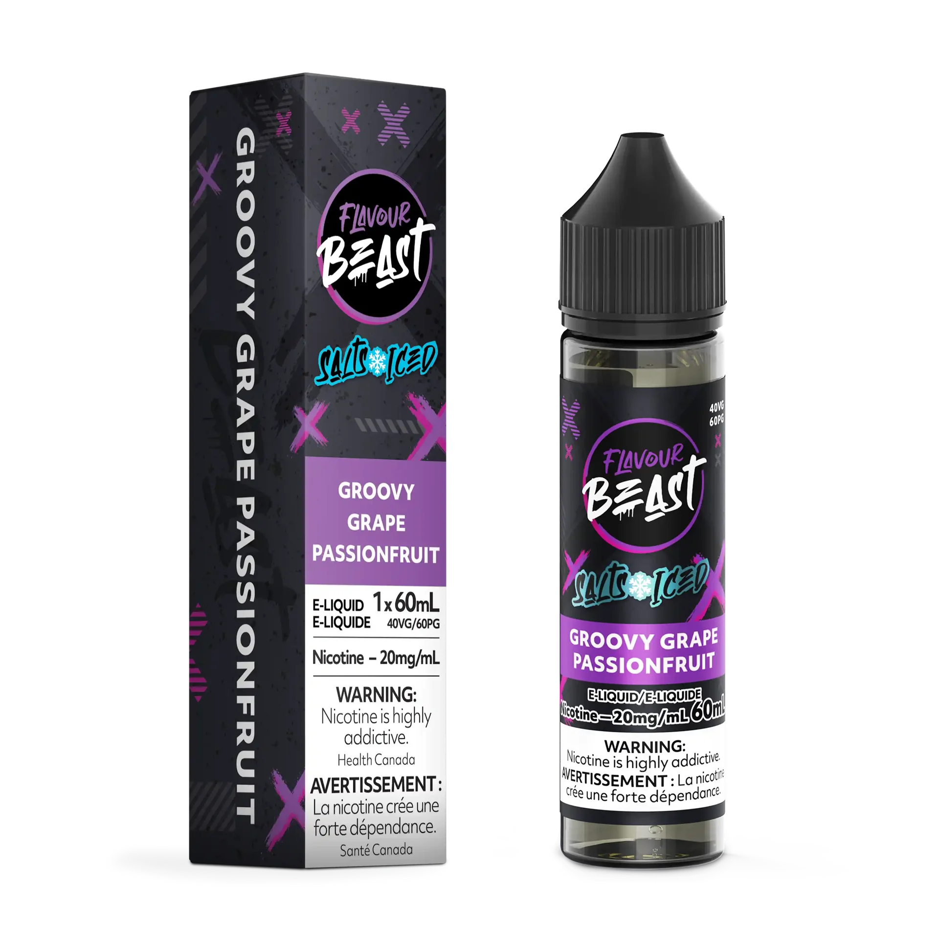 Flavour Beast Salt Groovy Grape Passionfruit Iced 60mL e-liquid bottle and matching purple-accented box.