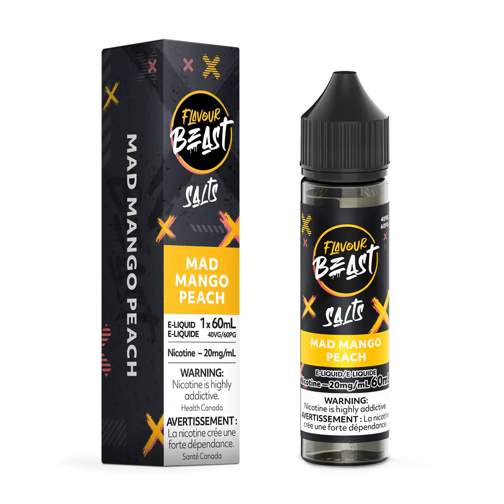 Flavour Beast Salt Mad Mango Peach e-liquid bottle and matching black box with yellow and orange accents.