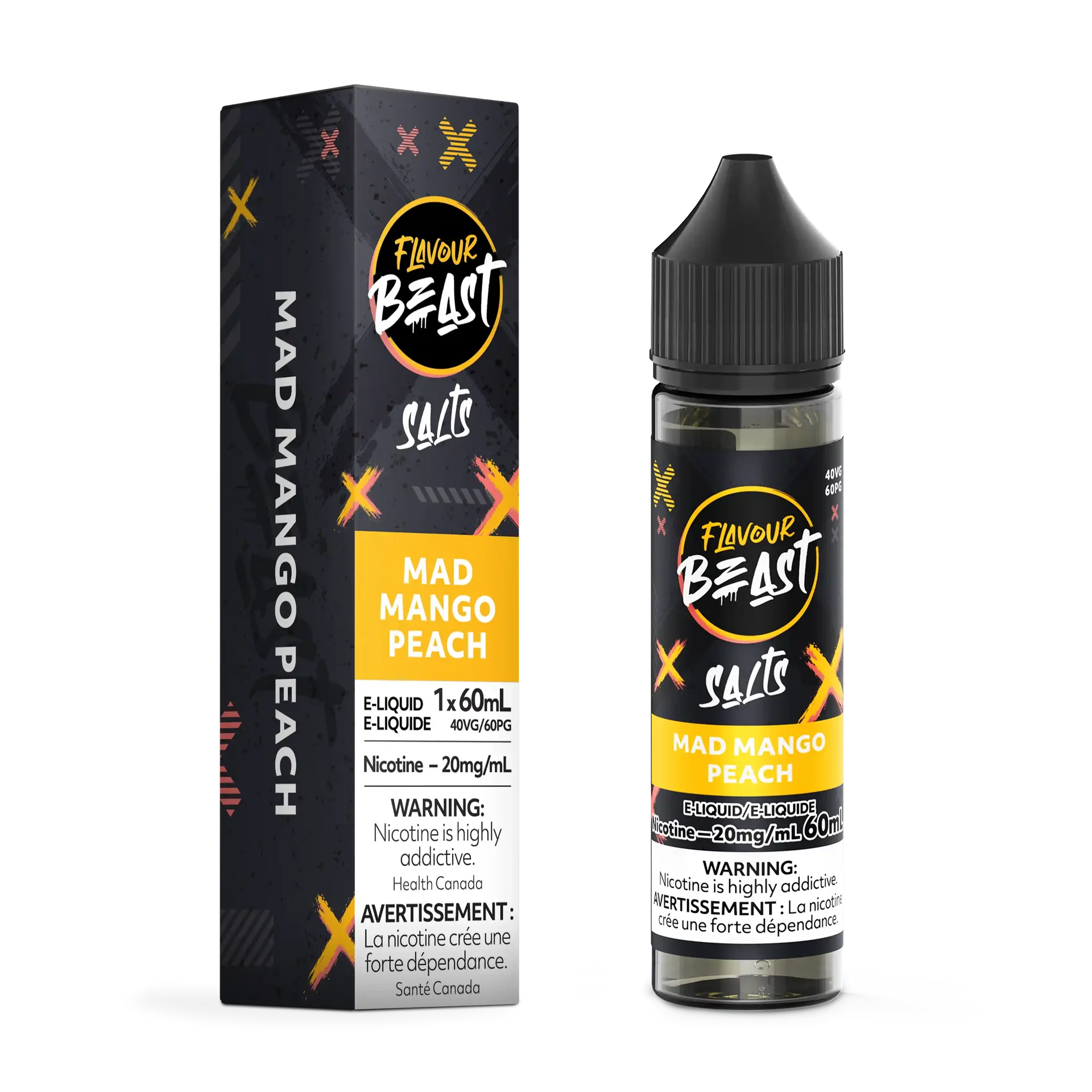 Flavour Beast Salt Mad Mango Peach e-liquid bottle and matching black box with yellow and orange accents.