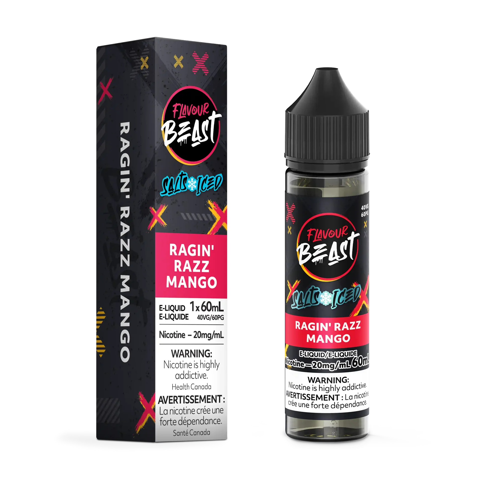 Flavour Beast Salt Ragin' Razz Mango Iced e-liquid bottle and matching black box with pink and blue accents.