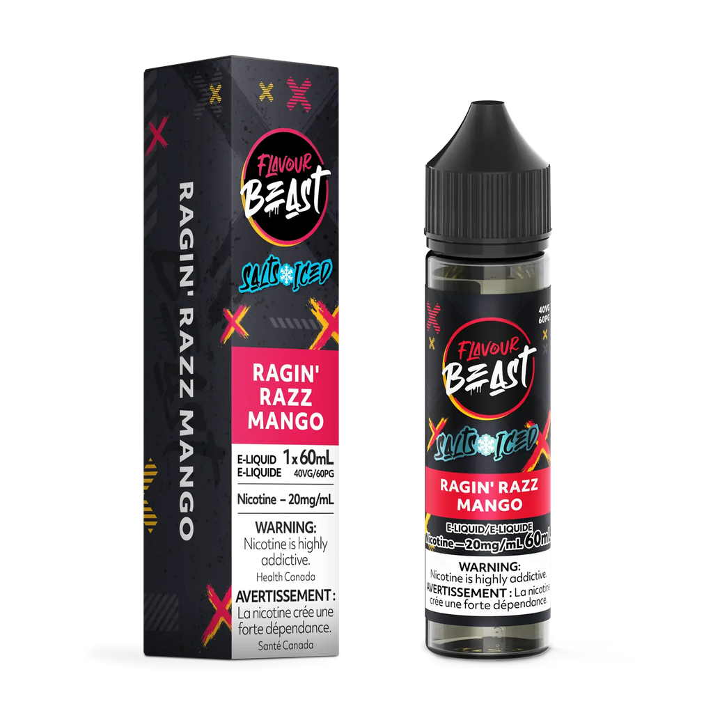 Flavour Beast Salt Ragin' Razz Mango Iced e-liquid bottle and matching black box with pink and blue accents.