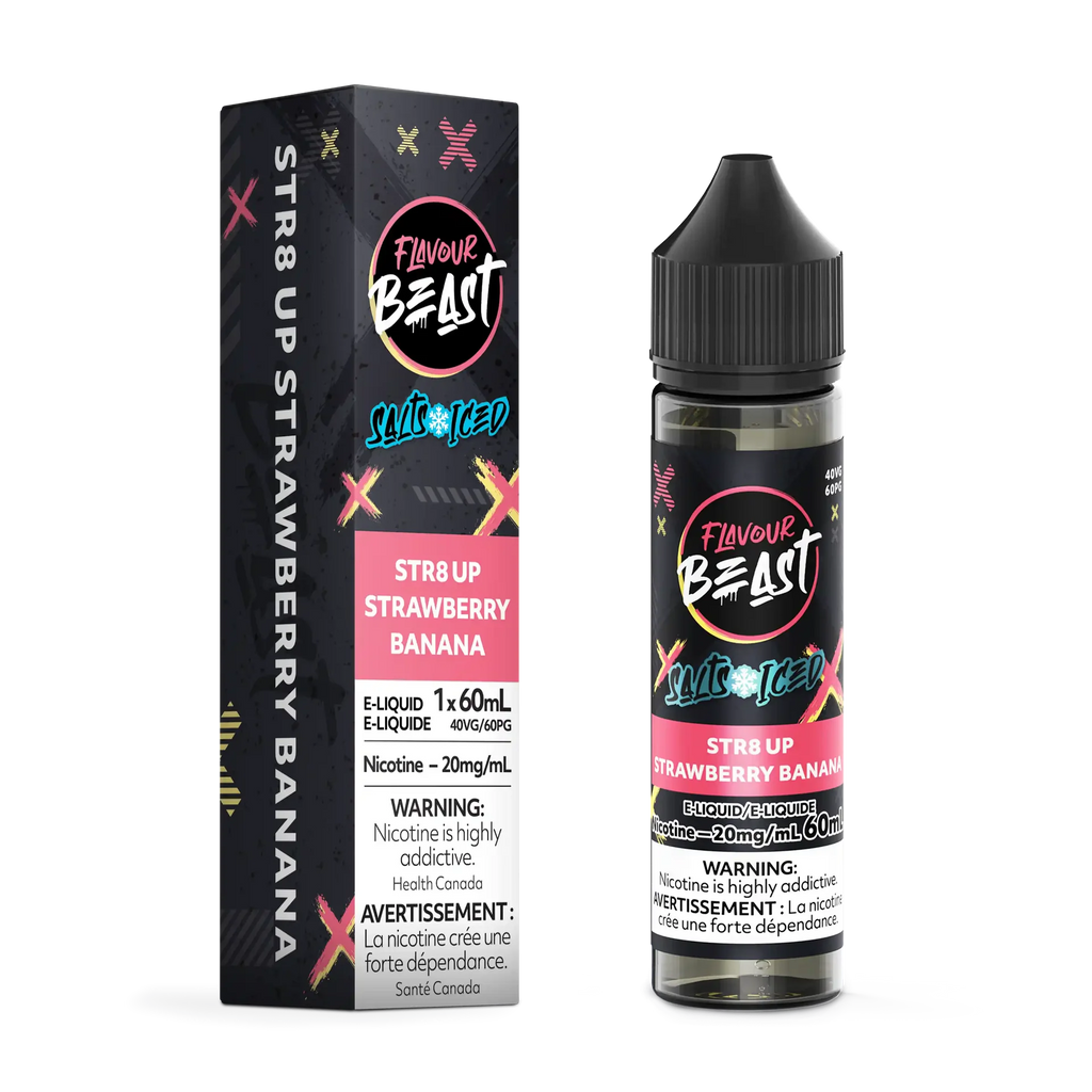 STR8 Up Strawberry Banana Iced Flavour Beast Salt e-liquid bottle and box, black with pink and blue accents.