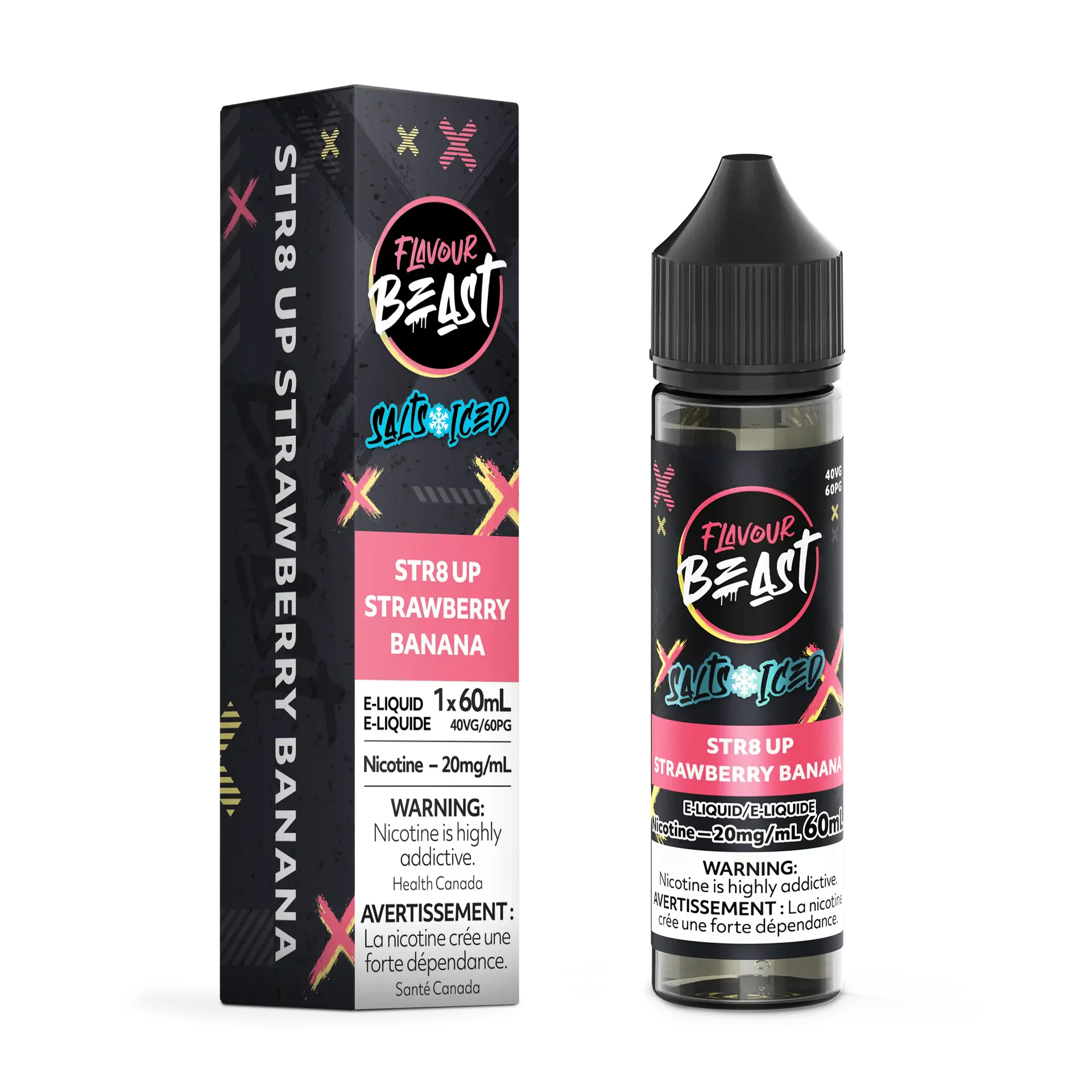 STR8 Up Strawberry Banana Iced Flavour Beast Salt e-liquid bottle and box, black with pink and blue accents.