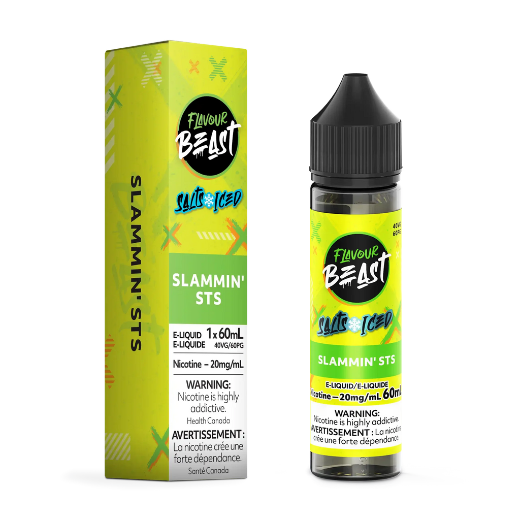 Flavour Beast Salt Slammin STS Iced 60mL e-liquid bottle and matching green box.