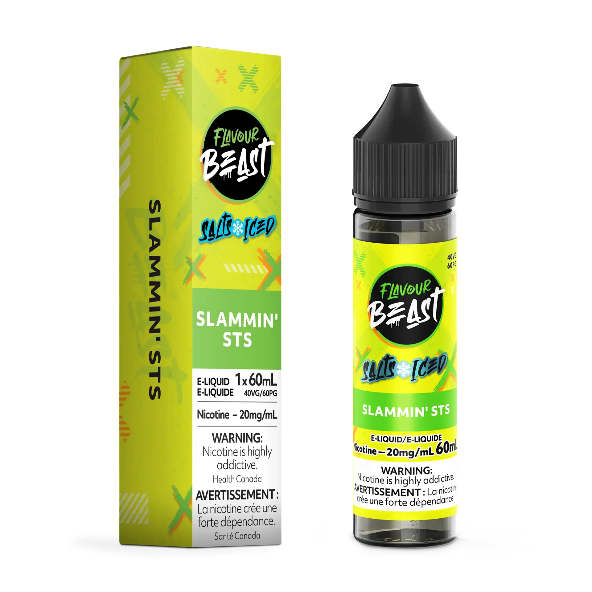 Flavour Beast Salt Slammin STS Iced 60mL e-liquid bottle and matching green box.