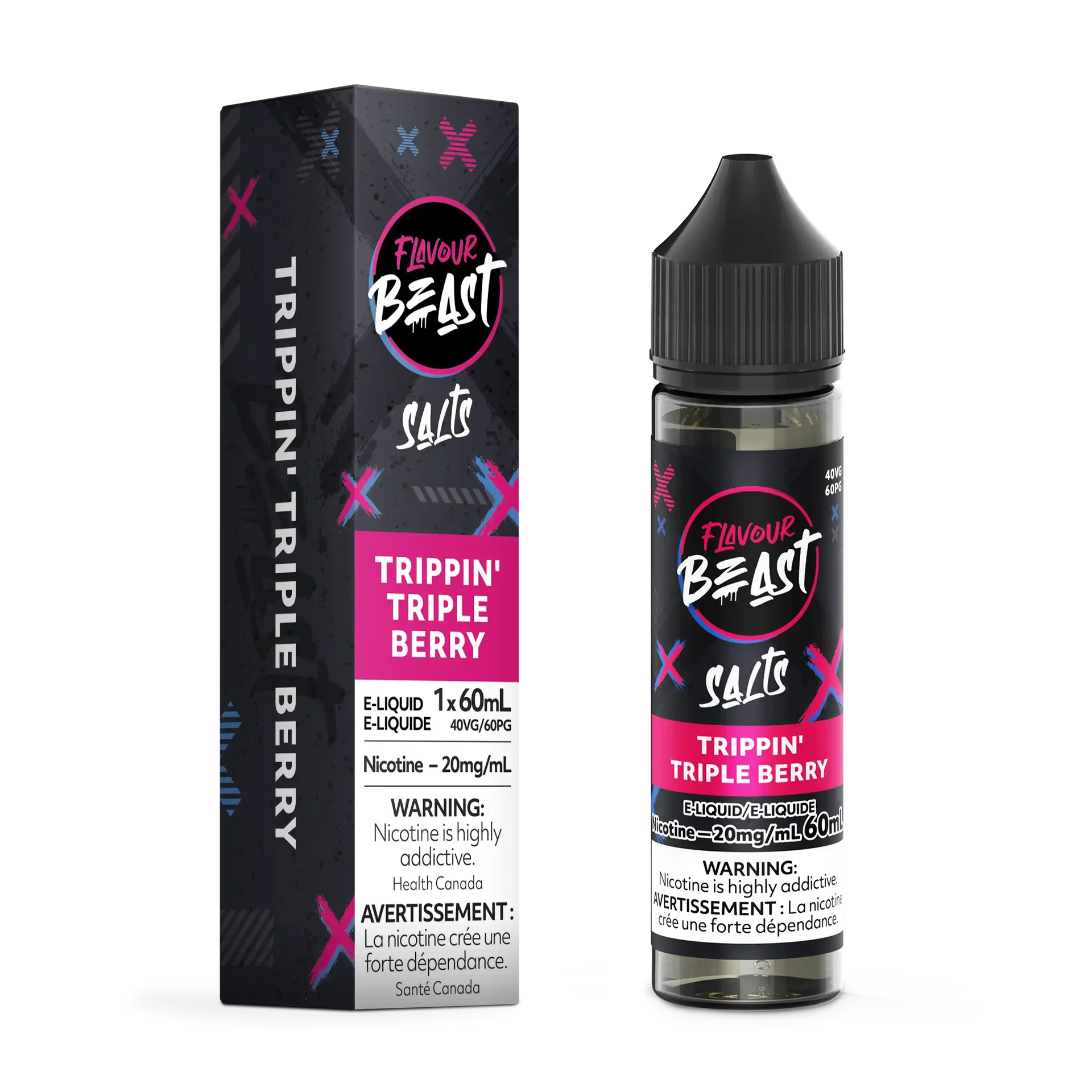 Flavour Beast Salt Trippin Triple Berry e-liquid bottle and matching black box with pink accents.