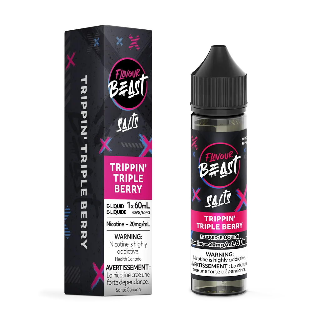 Flavour Beast Salt Trippin Triple Berry e-liquid bottle and matching black box with pink accents.