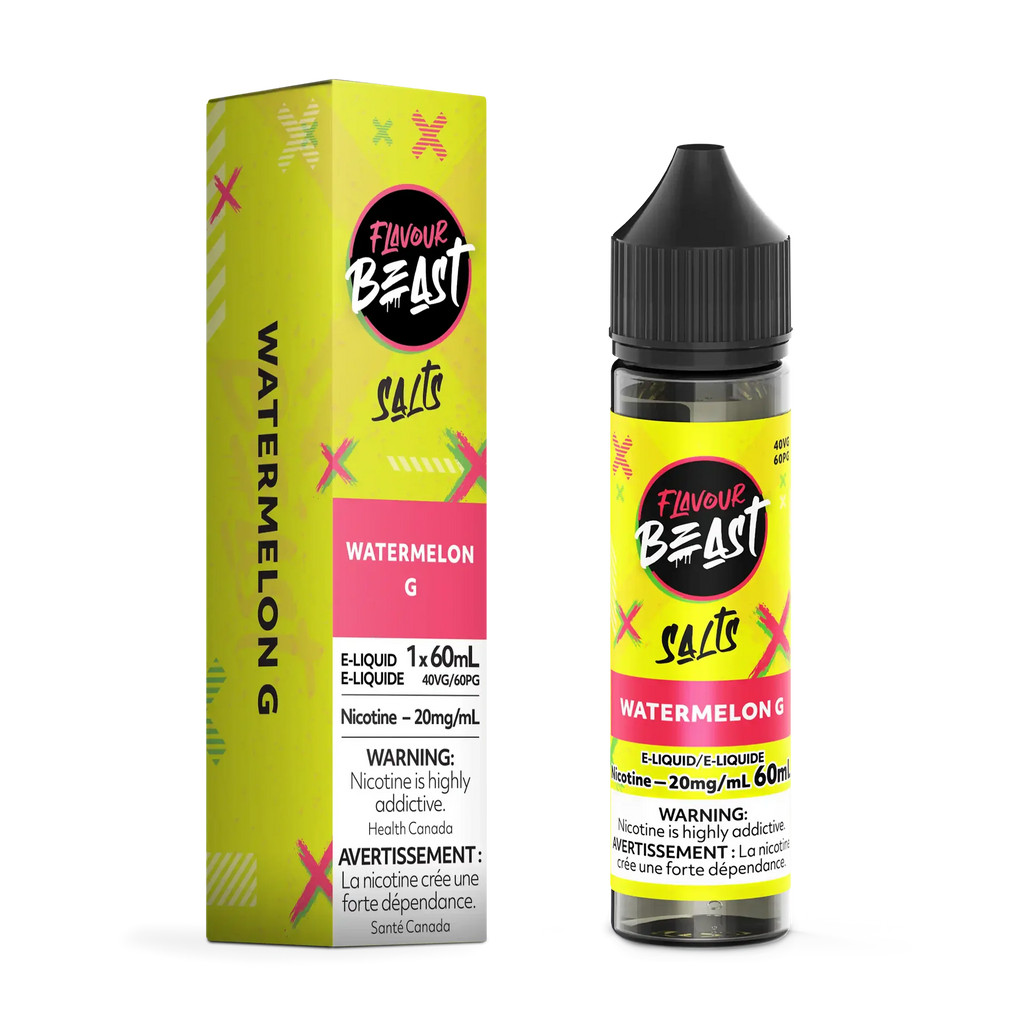 Flavour Beast Salt Watermelon G 60mL e-liquid bottle and matching green and pink box.