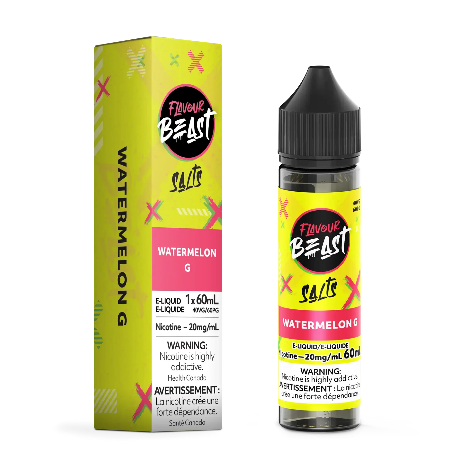 Flavour Beast Salt Watermelon G 60mL e-liquid bottle and matching green and pink box.