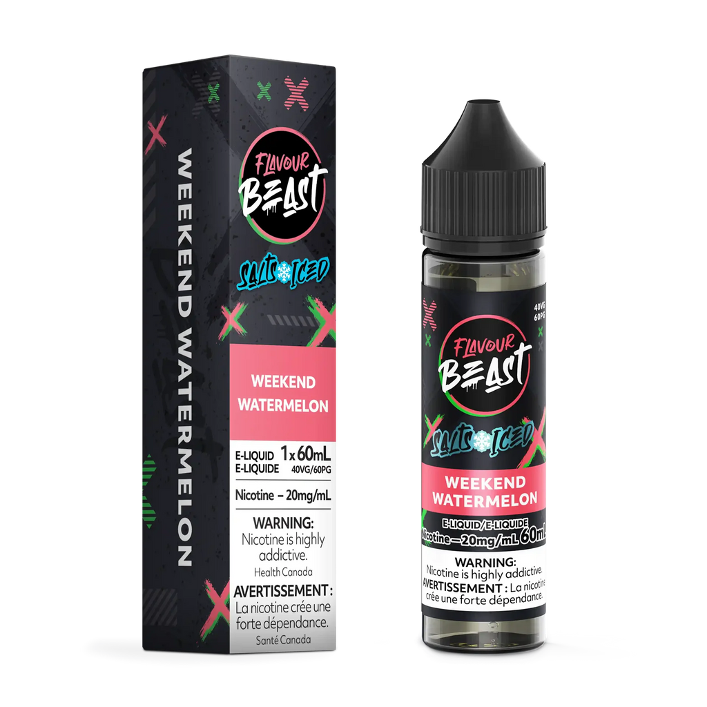Flavour Beast Salt Weekend Watermelon Iced e-liquid bottle and matching black and pink box.