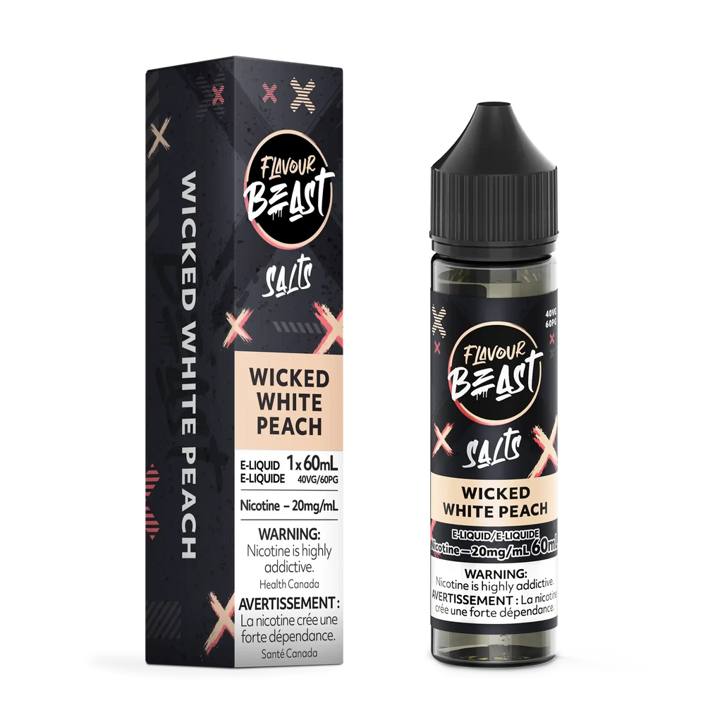 Flavour Beast Salts Wicked White Peach e-liquid bottle and matching black and white box with pink accents.