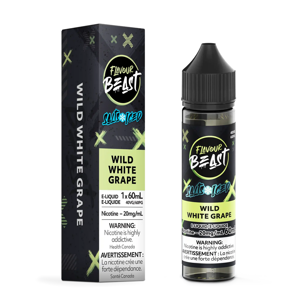 Flavour Beast Salt Wild White Grape Iced e-liquid bottle and matching black and lime green box.
