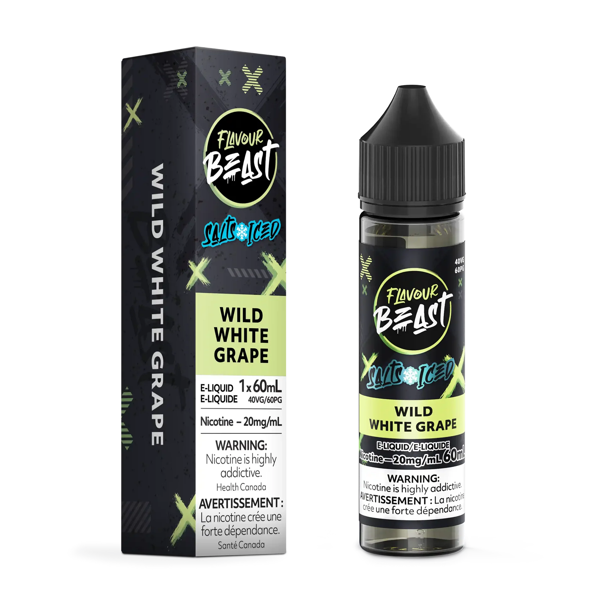 Flavour Beast Salt Wild White Grape Iced e-liquid bottle and matching black and lime green box.