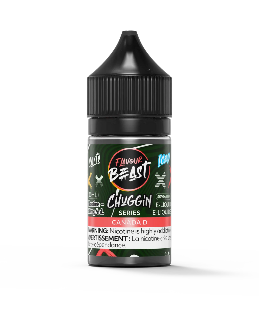Flavour Beast Chuggin' Series Salt E-Liquid, Canada D Iced flavor, 60mL bottle with black cap.