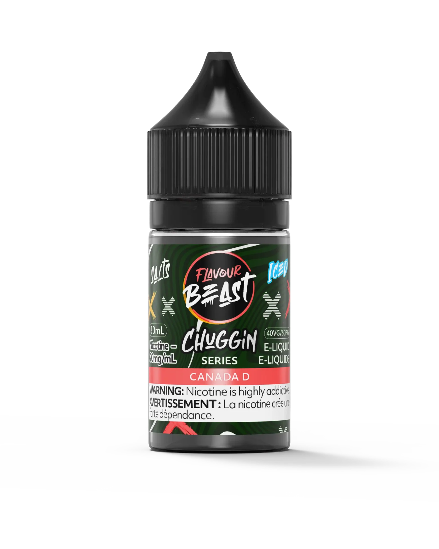 Flavour Beast Chuggin' Series Salt E-Liquid, Canada D Iced flavor, 60mL bottle with black cap.