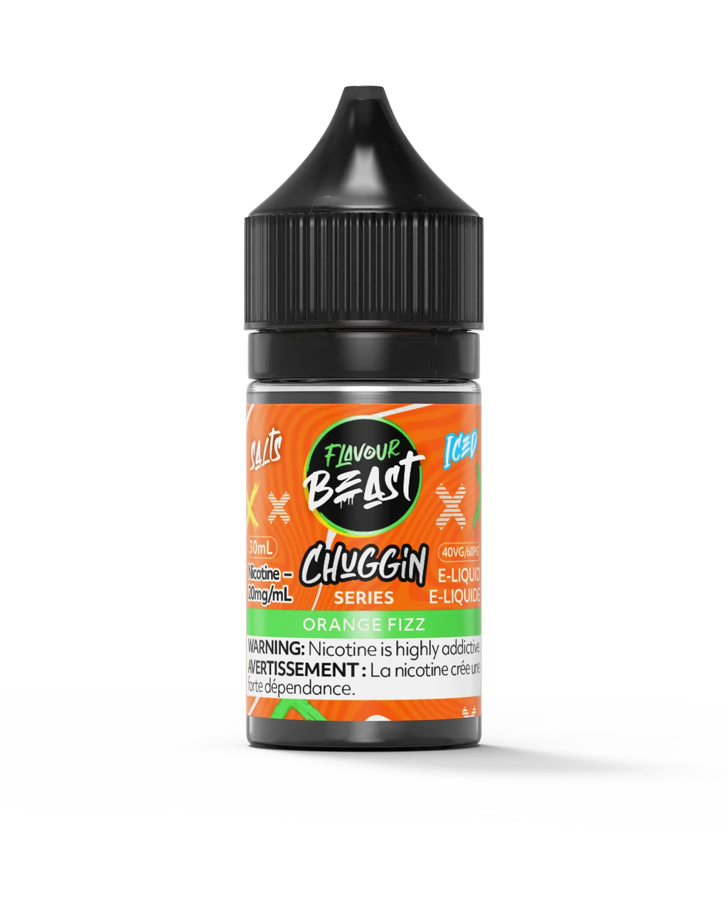 Flavour Beast Chuggin' Series Salt Orange Fizz Iced 30mL e-liquid bottle with black cap.