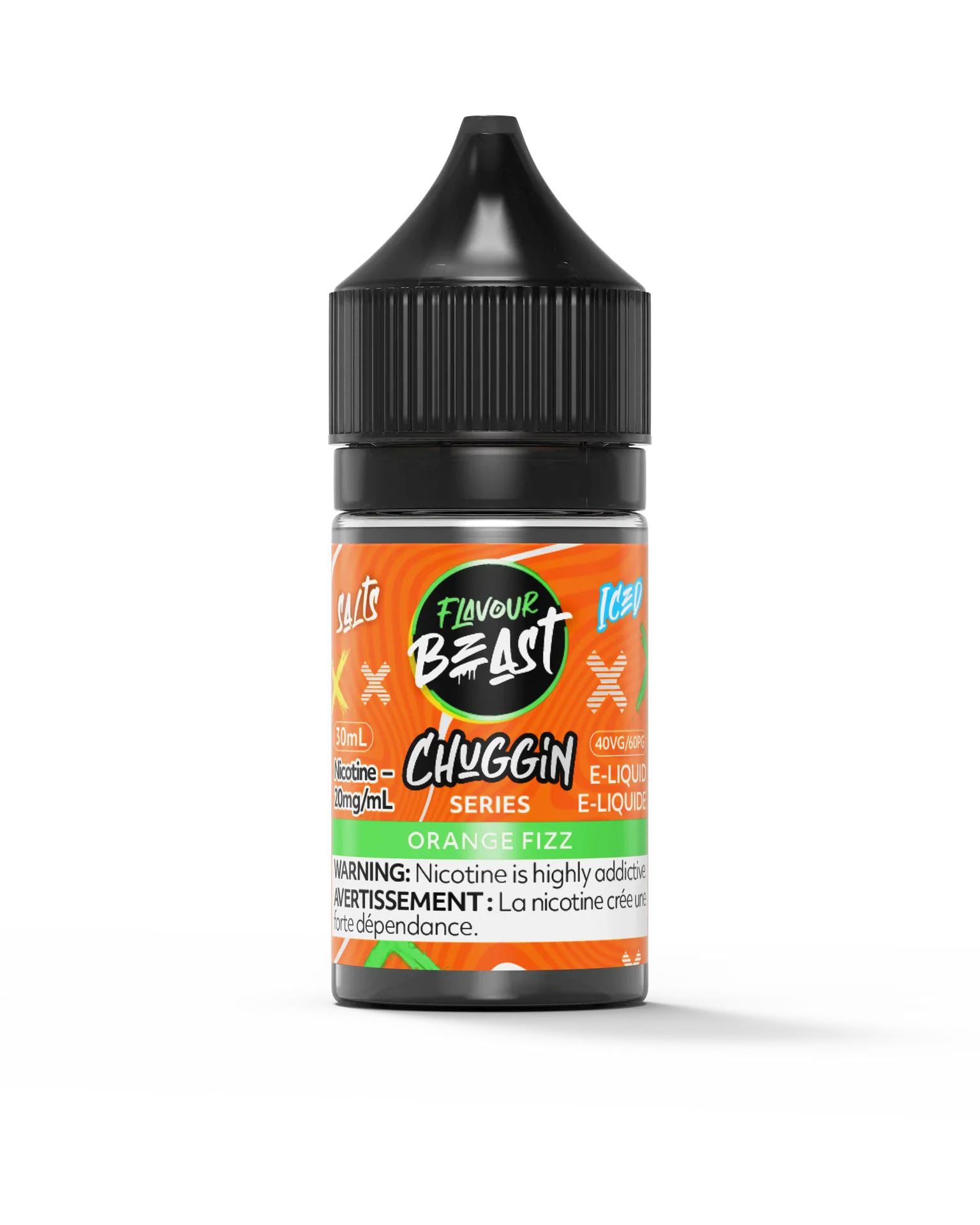 Flavour Beast Chuggin' Series Salt Orange Fizz Iced 30mL e-liquid bottle with black cap.