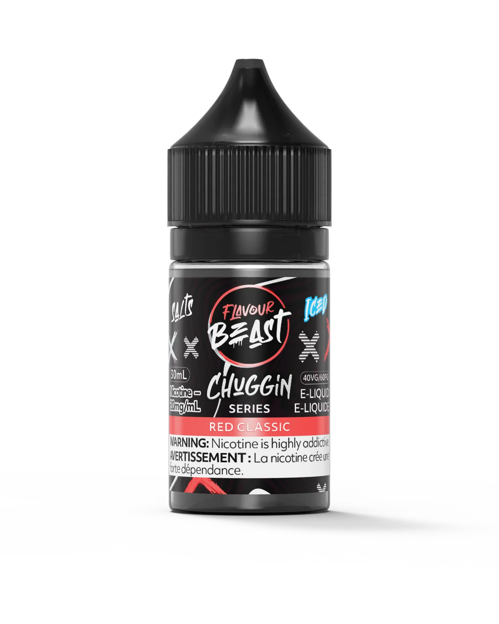 Flavour Beast Chuggin' Series Red Classic Iced 30mL salt nicotine e-liquid bottle with black cap.