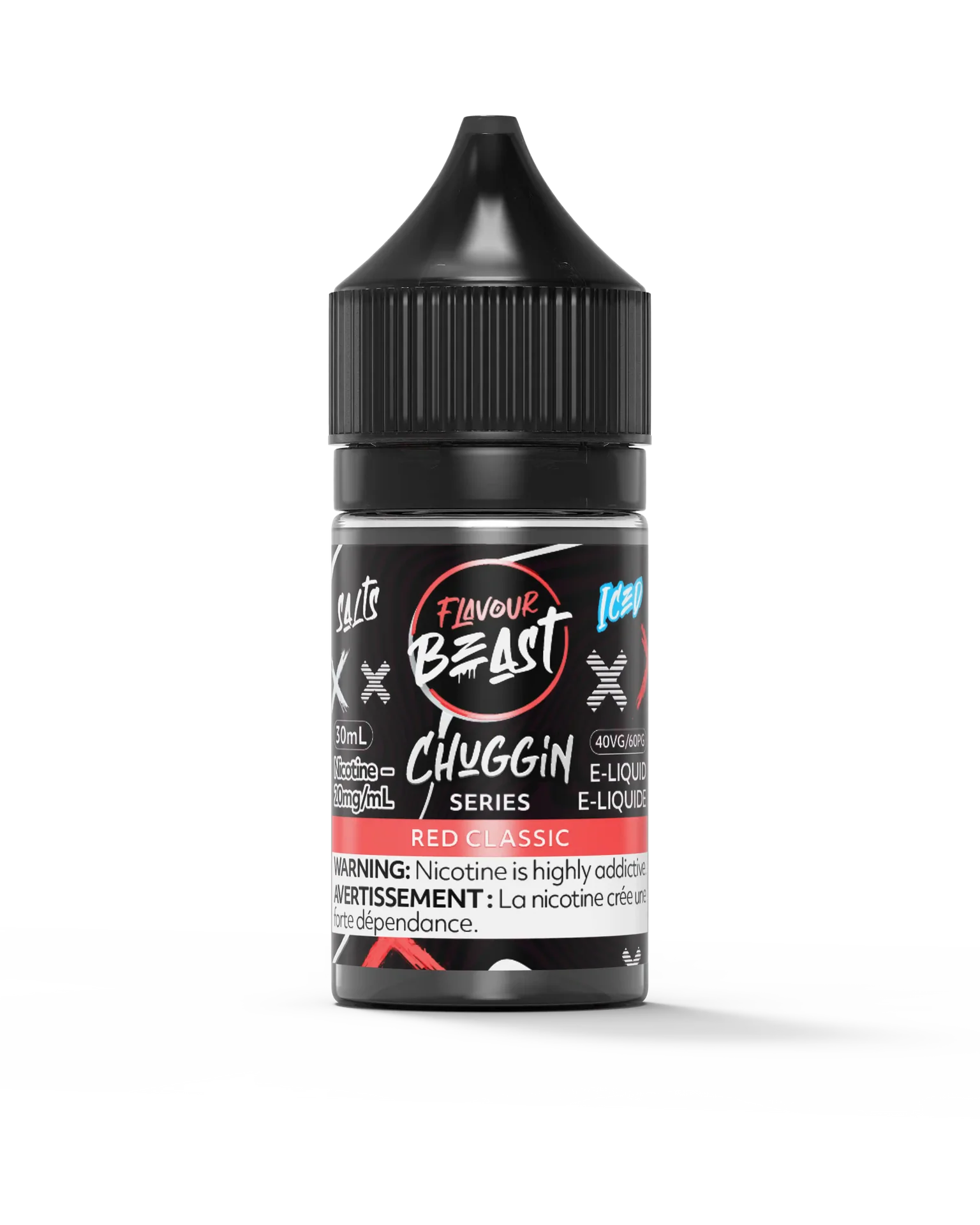 Flavour Beast Chuggin' Series Red Classic Iced 30mL salt nicotine e-liquid bottle with black cap.