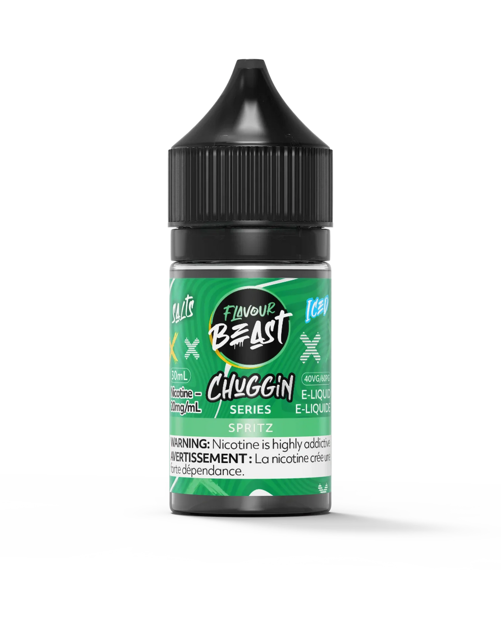 Flavour Beast Chuggin' Series Salt Spritz Iced 30mL e-liquid bottle with black cap and green label.