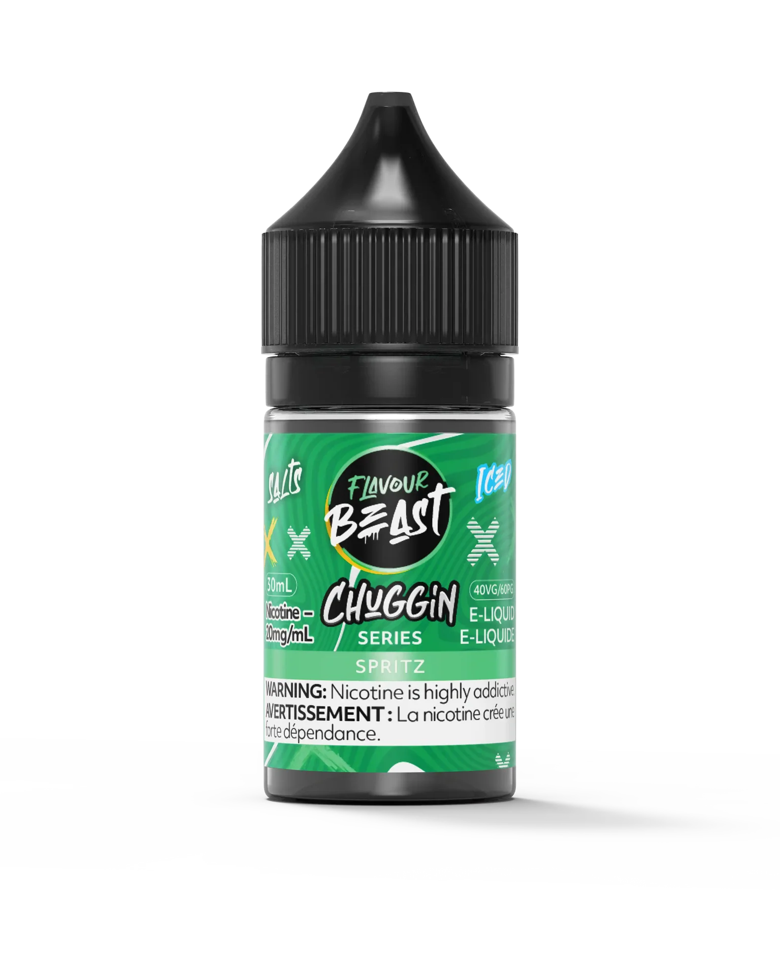 Flavour Beast Chuggin' Series Salt Spritz Iced 30mL e-liquid bottle with black cap and green label.