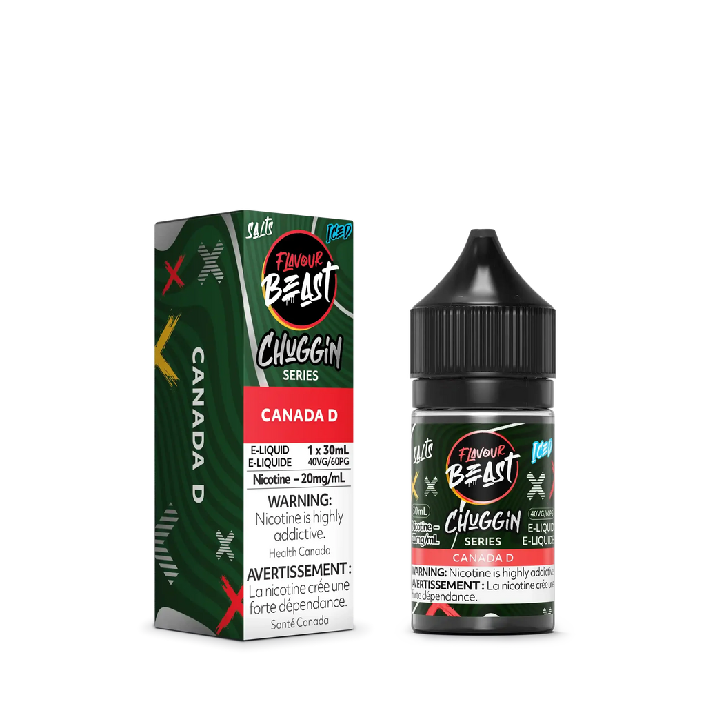 Flavour Beast Chuggin' Series Salt Canada D Iced e-liquid bottle and matching red, green, and white box.