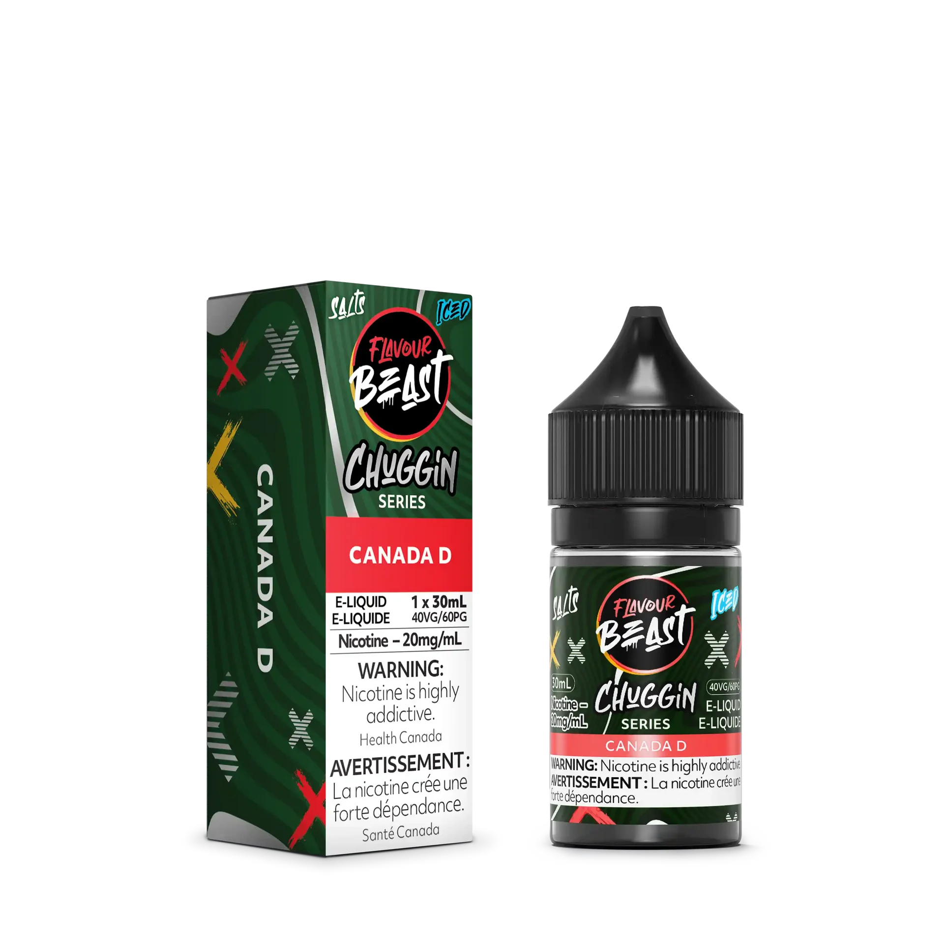 Flavour Beast Chuggin' Series Salt Canada D Iced e-liquid bottle and matching red, green, and white box.