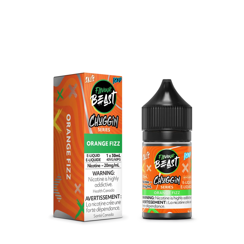Flavour Beast Chuggin' Series Salt Orange Fizz Iced e-liquid bottle and matching box.