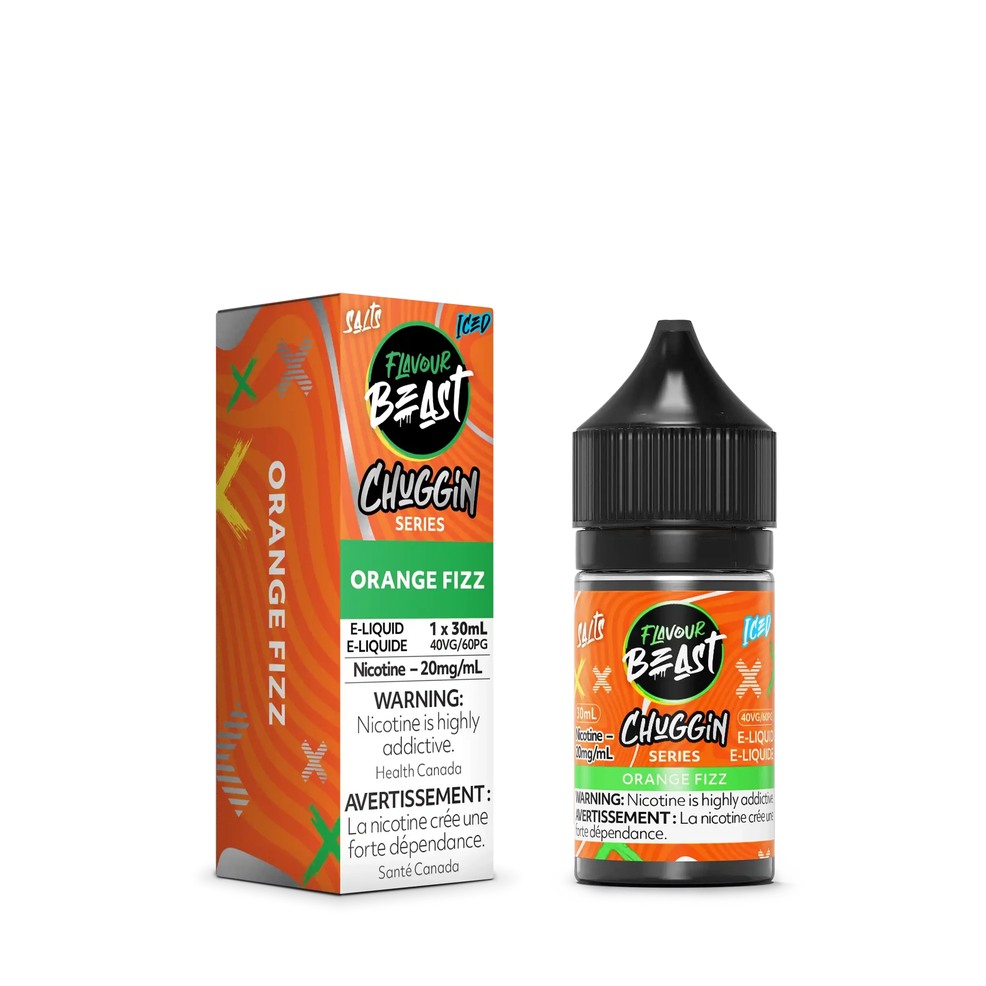 Flavour Beast Chuggin' Series Salt Orange Fizz Iced e-liquid bottle and matching box.