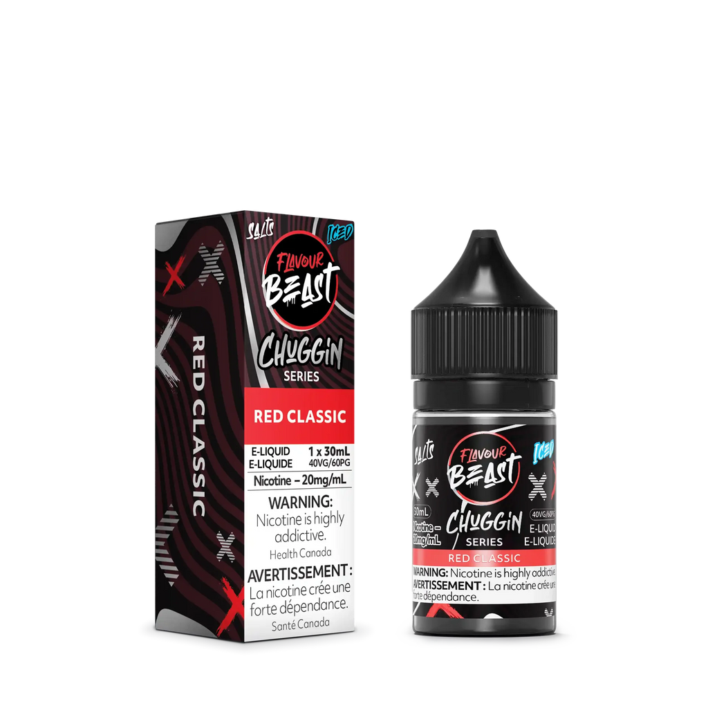 Flavour Beast Chuggin' Series Red Classic Iced 30mL salt nicotine e-liquid bottle and matching box.