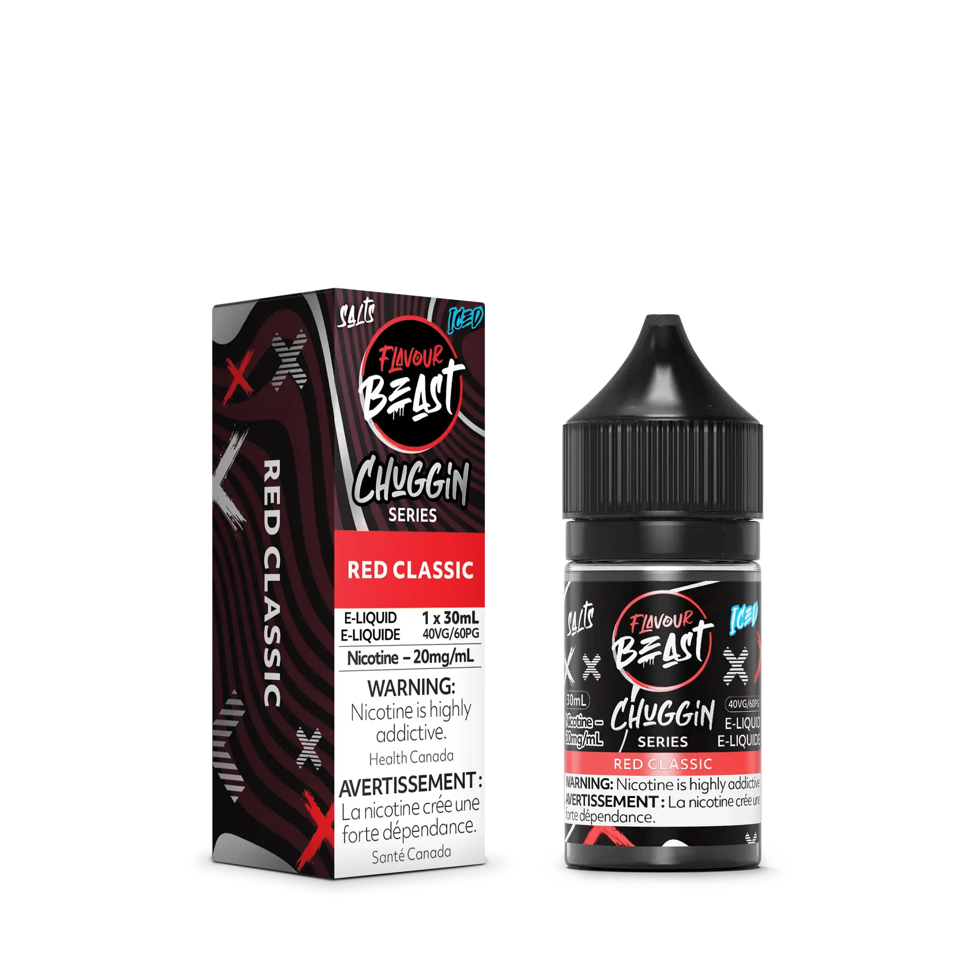 Flavour Beast Chuggin' Series Red Classic Iced 30mL salt nicotine e-liquid bottle and matching box.