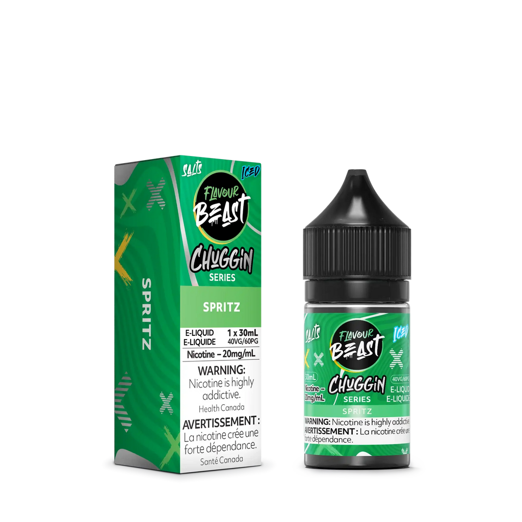 Flavour Beast Chuggin' Series Spritz Iced 30mL salt nicotine e-liquid bottle and matching green box.