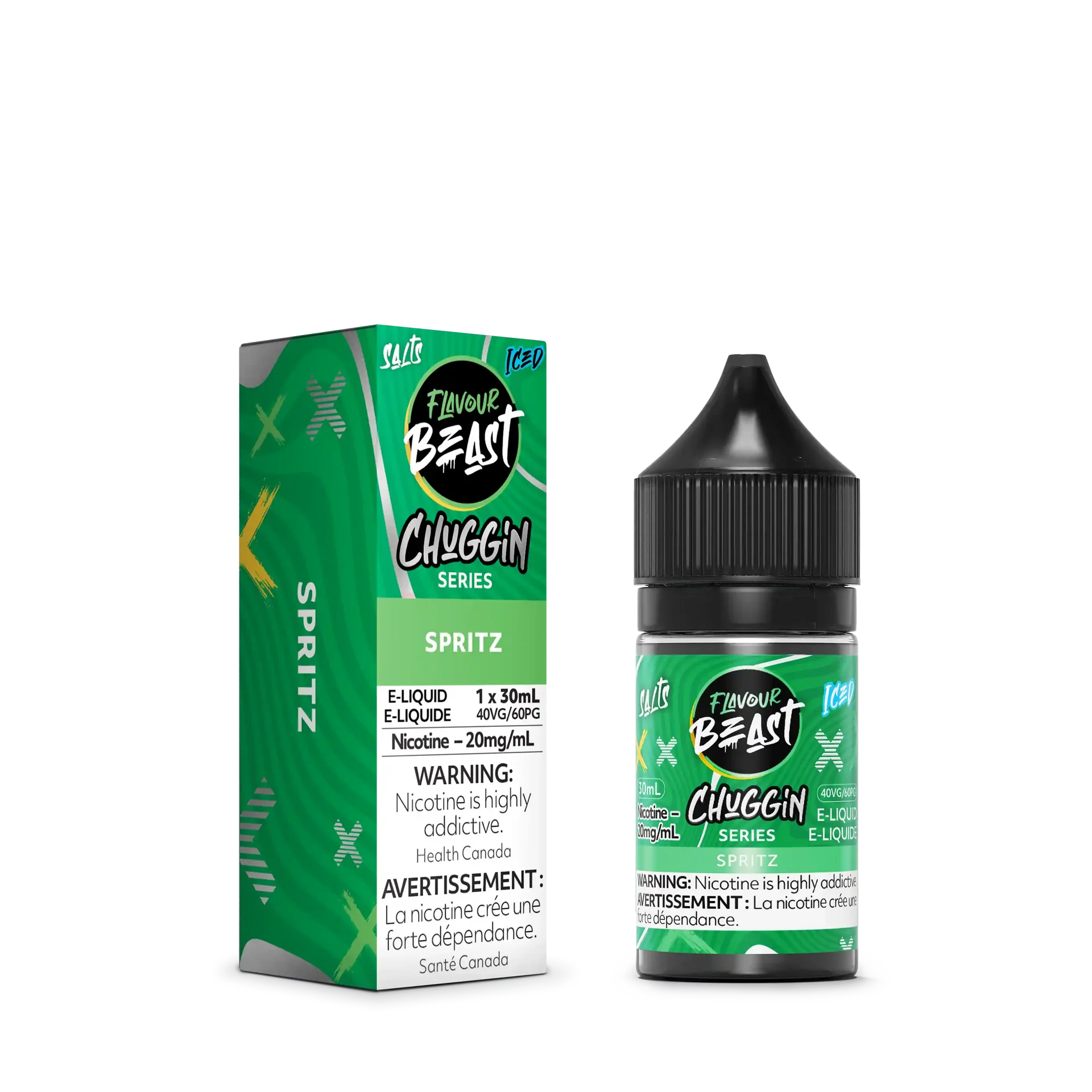 Flavour Beast Chuggin' Series Spritz Iced 30mL salt nicotine e-liquid bottle and matching green box.