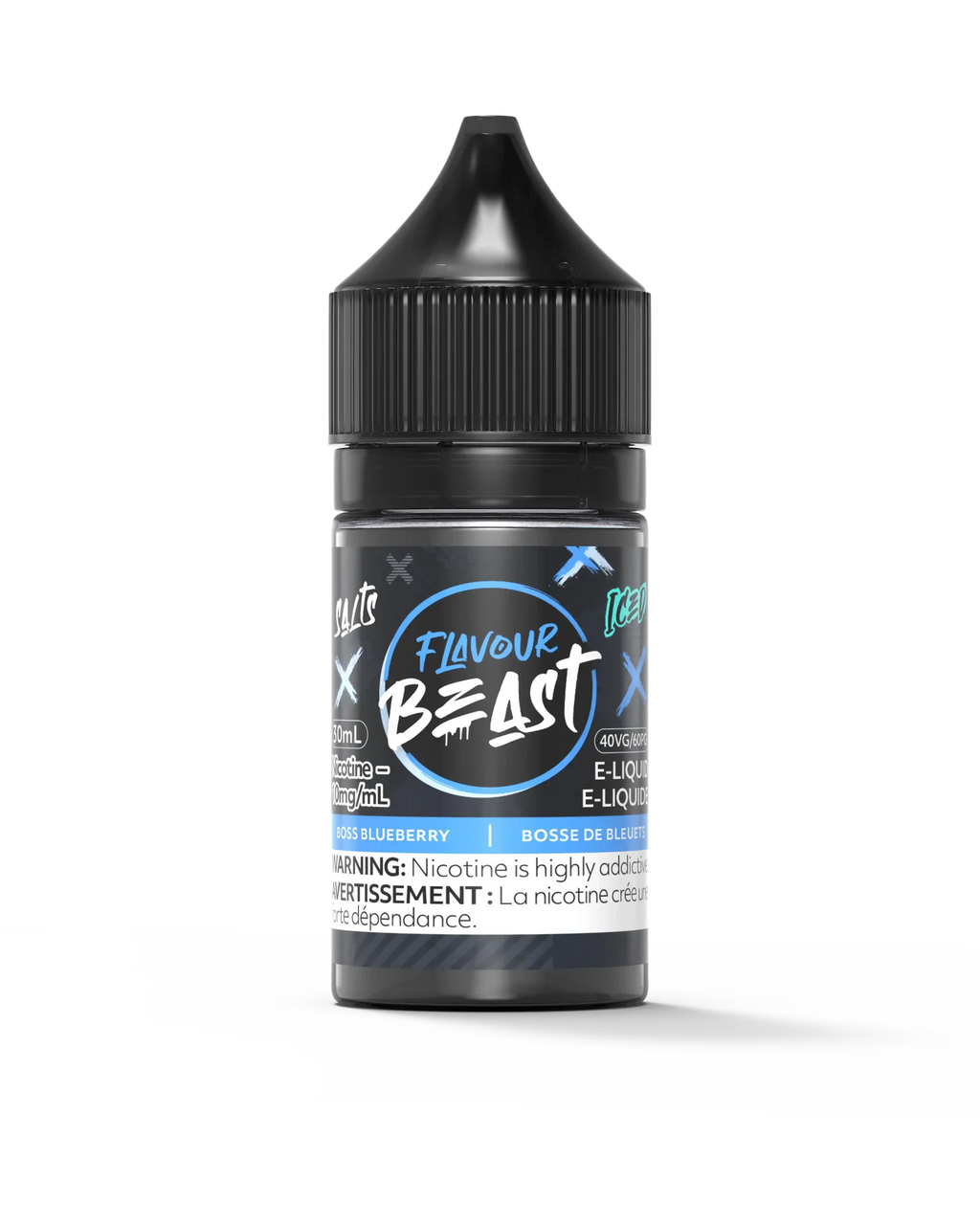 Flavour Beast Salt Boss Blueberry Iced 30mL e-liquid bottle with black cap and blue label.