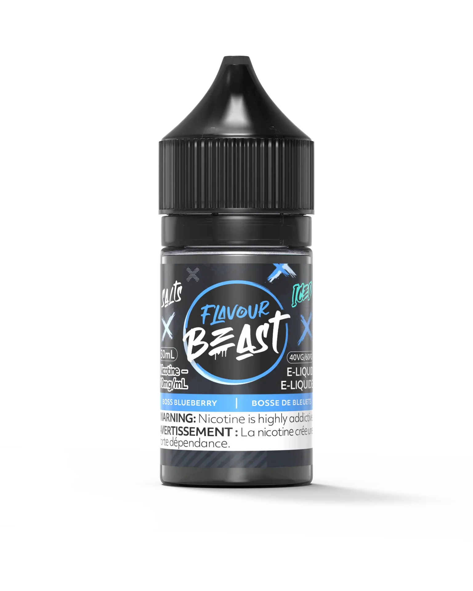 Flavour Beast Salt Boss Blueberry Iced 30mL e-liquid bottle with black cap and blue label.