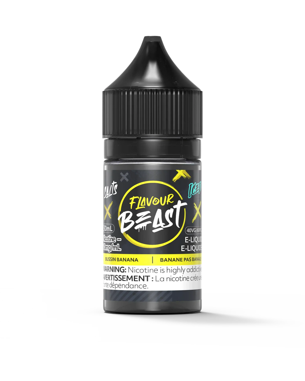 Flavour Beast Salt Bussin' Banana Iced e-liquid bottle with black cap and yellow label.