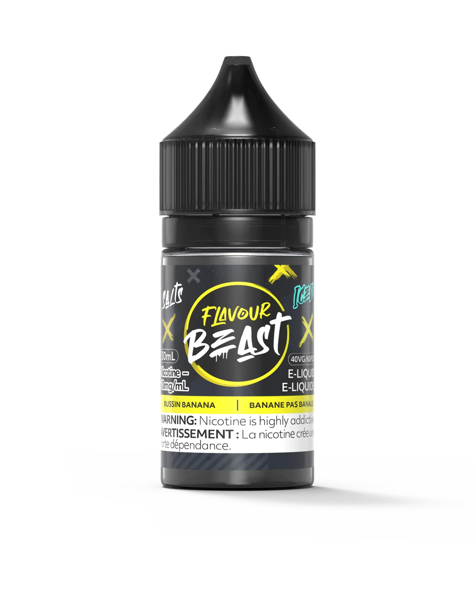 Flavour Beast Salt Bussin' Banana Iced e-liquid bottle with black cap and yellow label.