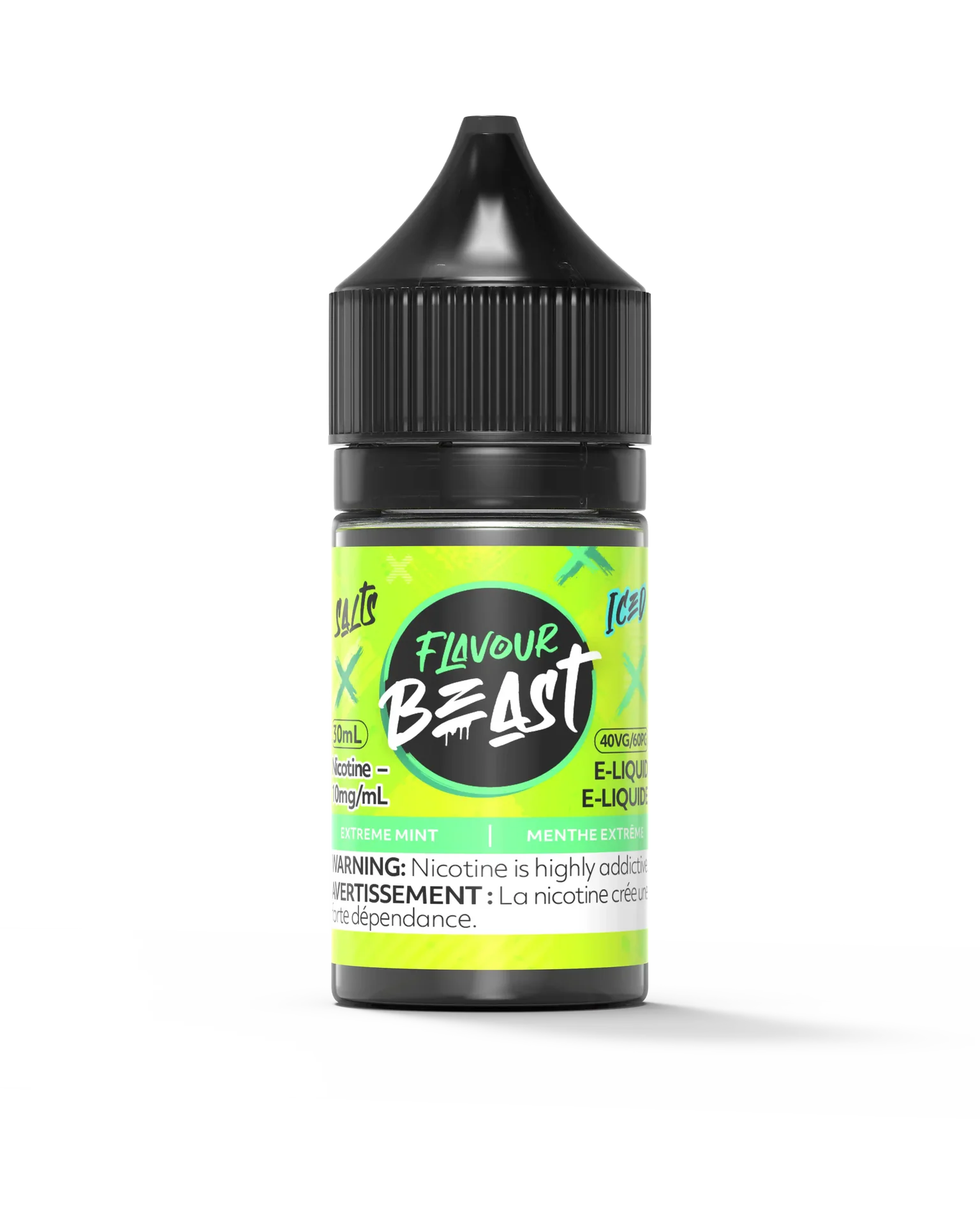 Flavour Beast Salt Extreme Mint Iced 30mL e-liquid bottle with black cap and vibrant green label.