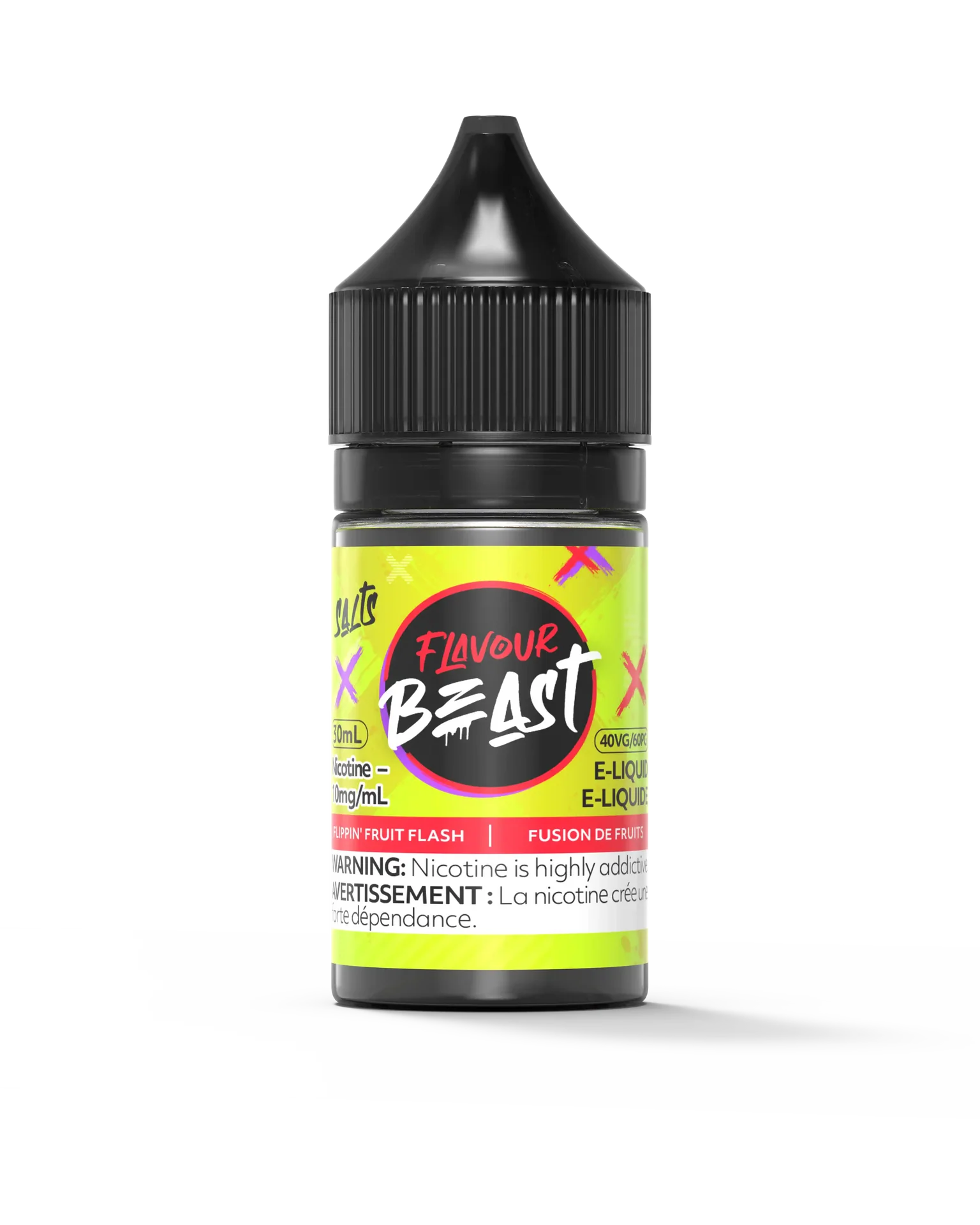Flavour Beast Salt Flippin Fruit Flash 30mL e-liquid bottle with vibrant yellow and pink label.