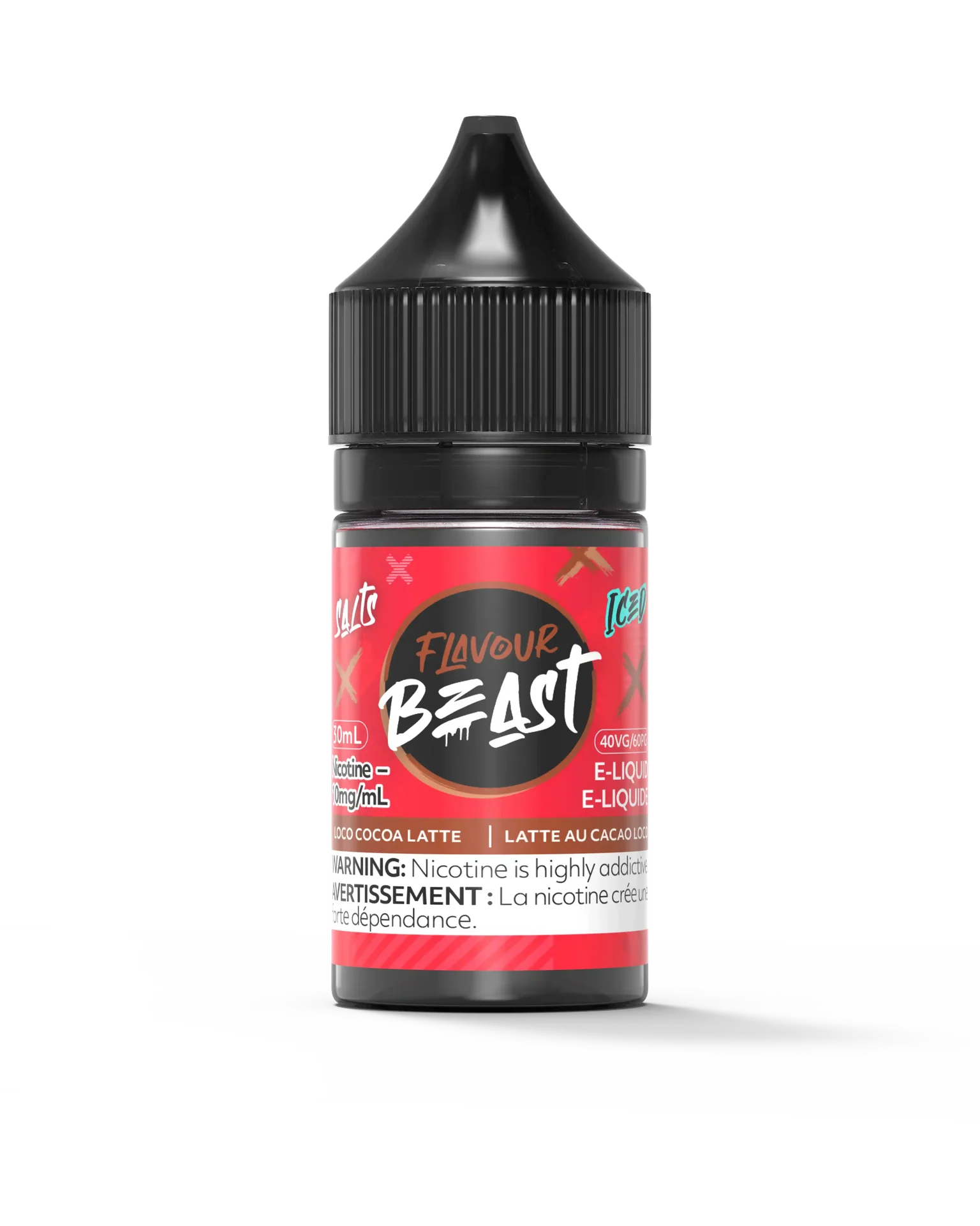 Flavour Beast Salt Loco Cocoa Latte Iced e-liquid in a red 30mL bottle with black cap and white text.