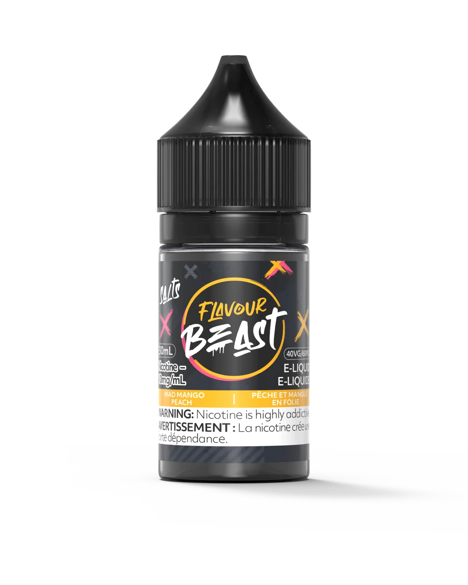 Flavour Beast Salt Mad Mango Peach 30mL e-liquid bottle with black cap and vibrant yellow-orange label.